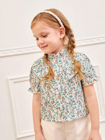 Girls' Vintage Country Style Stand Collar Shirt With Puff Sleeve And Ruffle Hem, Summer