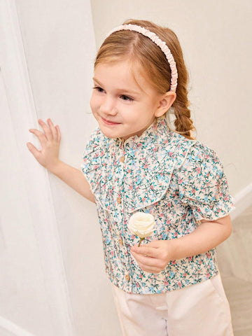 Girls' Vintage Country Style Stand Collar Shirt With Puff Sleeve And Ruffle Hem, Summer