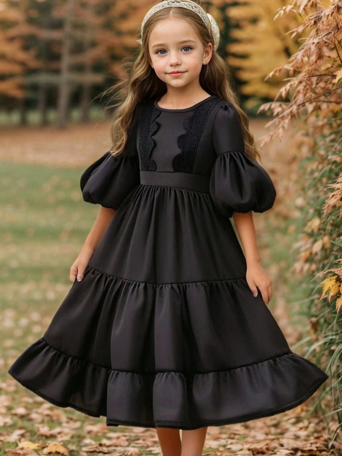 Girls Vintage Crew Neck Puff Sleeve Floral Lace Patchwork Waisted Multi-Layer Splice Dress