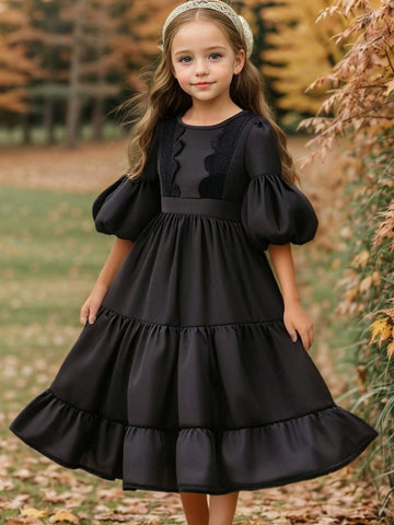 Girls Vintage Crew Neck Puff Sleeve Floral Lace Patchwork Waisted Multi-Layer Splice Dress