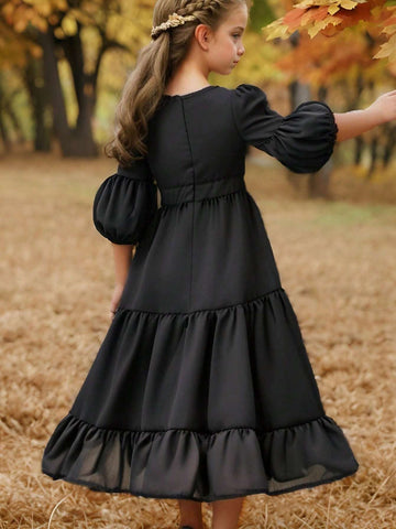 Girls Vintage Crew Neck Puff Sleeve Floral Lace Patchwork Waisted Multi-Layer Splice Dress