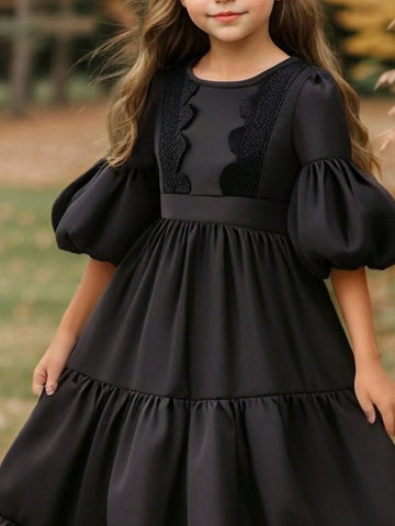 Girls Vintage Crew Neck Puff Sleeve Floral Lace Patchwork Waisted Multi-Layer Splice Dress