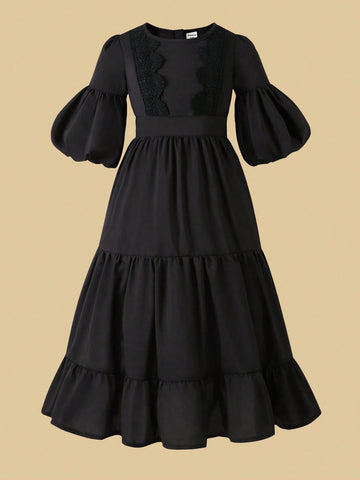 Girls Vintage Crew Neck Puff Sleeve Floral Lace Patchwork Waisted Multi-Layer Splice Dress