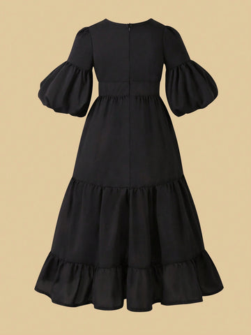 Girls Vintage Crew Neck Puff Sleeve Floral Lace Patchwork Waisted Multi-Layer Splice Dress