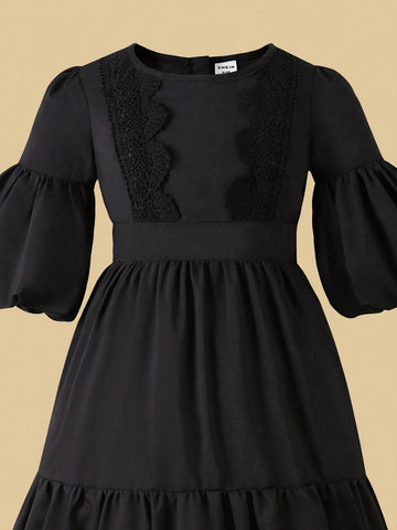 Girls Vintage Crew Neck Puff Sleeve Floral Lace Patchwork Waisted Multi-Layer Splice Dress