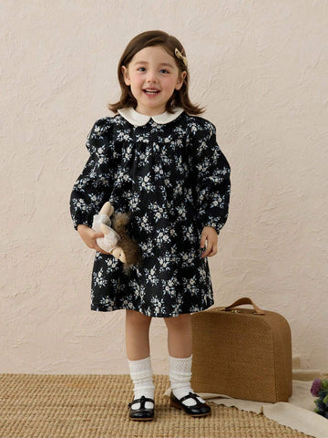 Girls Vintage Ditsy Floral Puff Collar A-Line Princess Dress, Autumn Winter