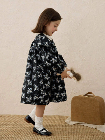 Girls Vintage Ditsy Floral Puff Collar A-Line Princess Dress, Autumn Winter
