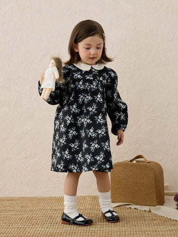 Girls Vintage Ditsy Floral Puff Collar A-Line Princess Dress, Autumn Winter
