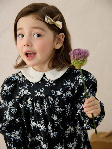 Girls Vintage Ditsy Floral Puff Collar A-Line Princess Dress, Autumn Winter