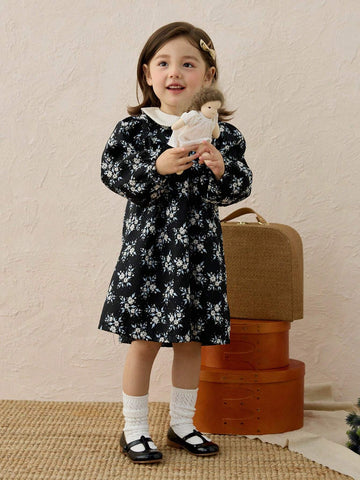 Girls Vintage Ditsy Floral Puff Collar A-Line Princess Dress, Autumn Winter