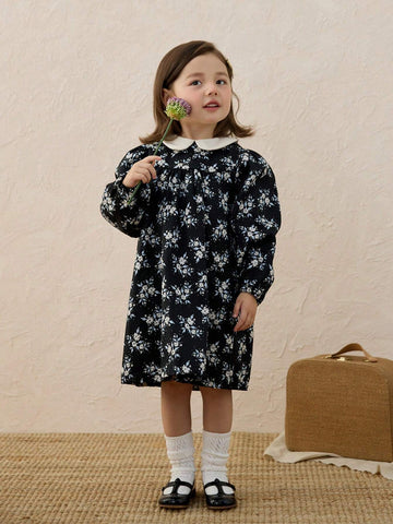 Girls Vintage Ditsy Floral Puff Collar A-Line Princess Dress, Autumn Winter