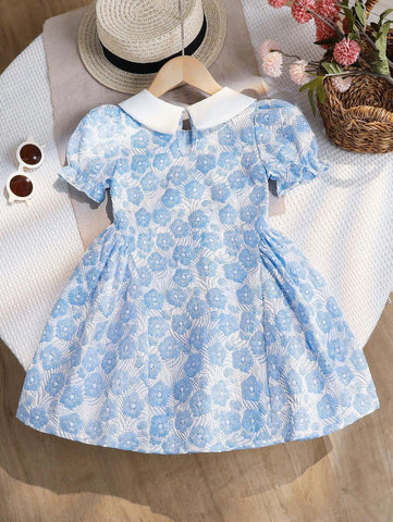 Girls Vintage Floral Print Dress, Girls Short Sleeve Peter Pan Collar Princess Dress