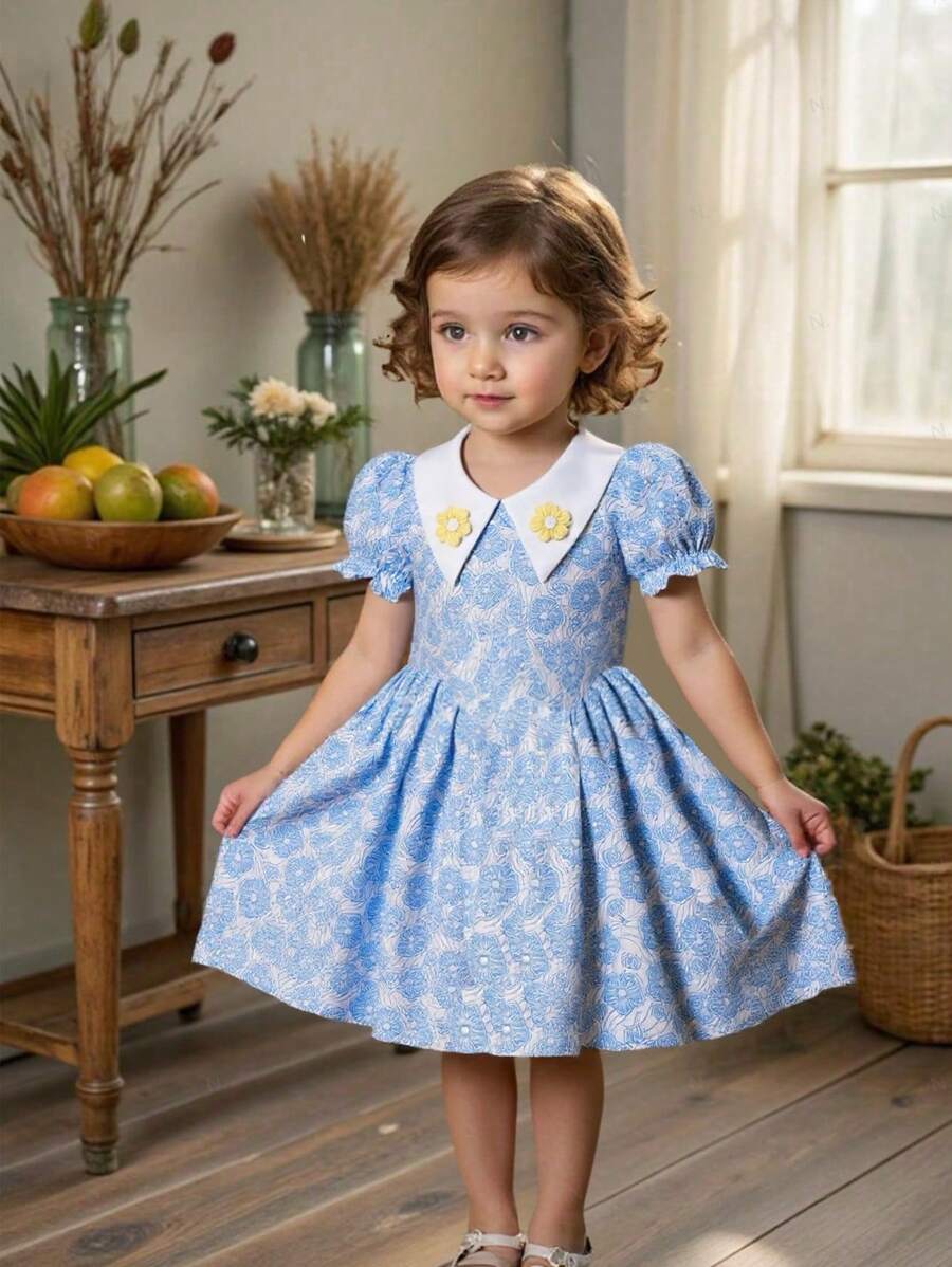 Girls Vintage Floral Print Dress, Girls Short Sleeve Peter Pan Collar Princess Dress