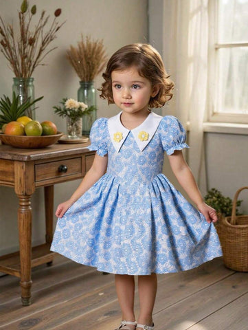 Girls Vintage Floral Print Dress, Girls Short Sleeve Peter Pan Collar Princess Dress