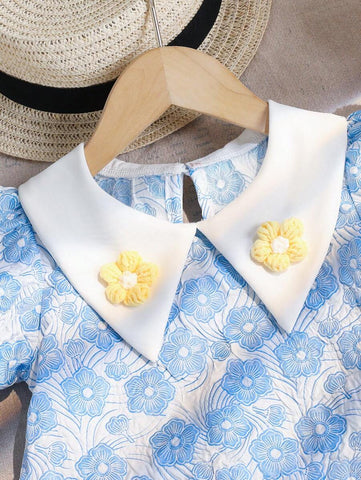 Girls Vintage Floral Print Dress, Girls Short Sleeve Peter Pan Collar Princess Dress