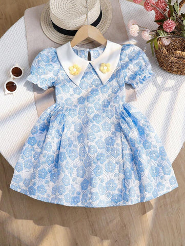 Girls Vintage Floral Print Dress, Girls Short Sleeve Peter Pan Collar Princess Dress
