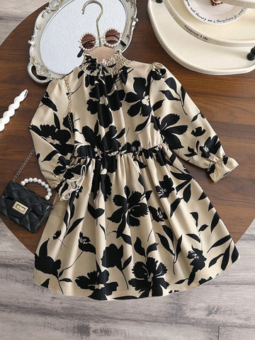 Girls Vintage Floral Print Ruffle Trim A-Line Midi Dress, Long Sleeve And Cinched Waist