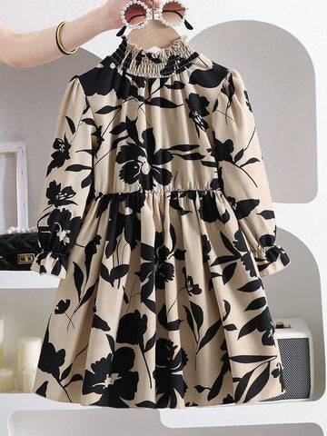 Girls Vintage Floral Print Ruffle Trim A-Line Midi Dress, Long Sleeve And Cinched Waist