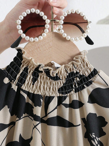 Girls Vintage Floral Print Ruffle Trim A-Line Midi Dress, Long Sleeve And Cinched Waist