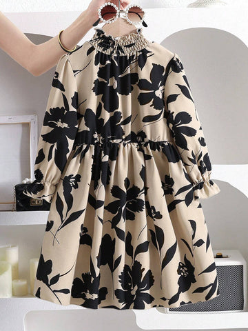 Girls Vintage Floral Print Ruffle Trim A-Line Midi Dress, Long Sleeve And Cinched Waist