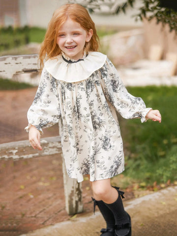 Girls Vintage Floral Ruffled Collar Long Sleeve Dress