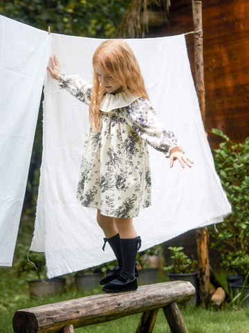 Girls Vintage Floral Ruffled Collar Long Sleeve Dress