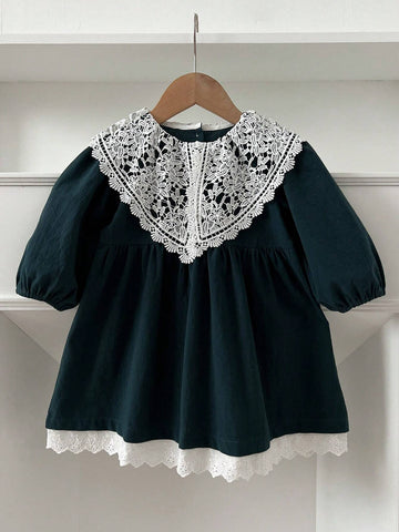 Girls Vintage Lace Collar Princess Dress, Spring Autumn
