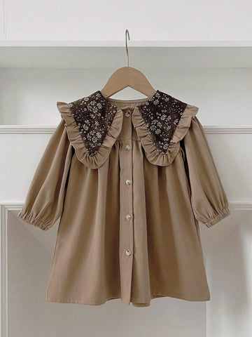 Girls' Vintage Phoenix & Ditsy Floral Turndown Collar Long Sleeve Dress, Autumn & Spring