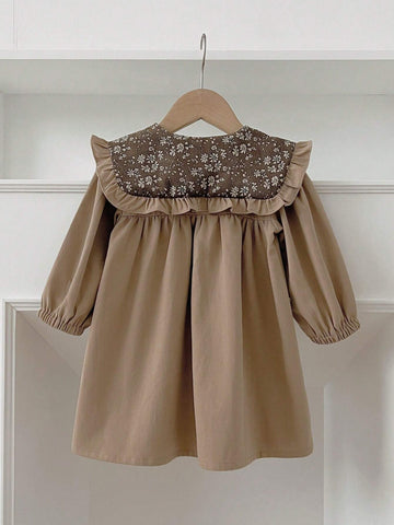 Girls' Vintage Phoenix & Ditsy Floral Turndown Collar Long Sleeve Dress, Autumn & Spring