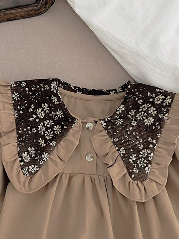 Girls' Vintage Phoenix & Ditsy Floral Turndown Collar Long Sleeve Dress, Autumn & Spring