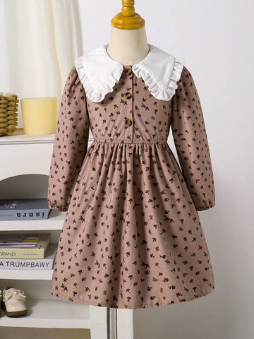 Girls Vintage Polka Dot Lapel Dress, Retro British Style Polka Dot Dress, Sweet Cute Puff Sleeve Design, With Large Lapel And Ruffle Trim