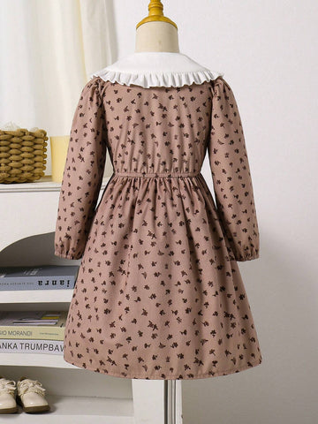 Girls Vintage Polka Dot Lapel Dress, Retro British Style Polka Dot Dress, Sweet Cute Puff Sleeve Design, With Large Lapel And Ruffle Trim