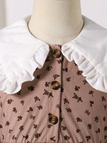 Girls Vintage Polka Dot Lapel Dress, Retro British Style Polka Dot Dress, Sweet Cute Puff Sleeve Design, With Large Lapel And Ruffle Trim