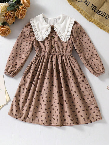 Girls Vintage Polka Dot Lapel Dress, Retro British Style Polka Dot Dress, Sweet Cute Puff Sleeve Design, With Large Lapel And Ruffle Trim