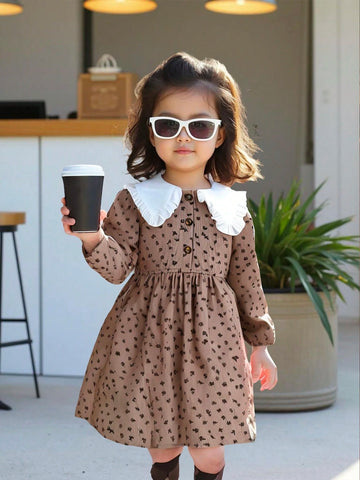 Girls Vintage Polka Dot Lapel Dress, Retro British Style Polka Dot Dress, Sweet Cute Puff Sleeve Design, With Large Lapel And Ruffle Trim