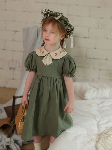 Girls' Vintage Style Cotton Dress With Embroidered Floral Collar And Puff Sleeves