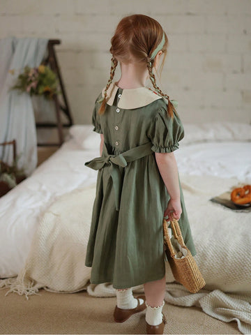 Girls' Vintage Style Cotton Dress With Embroidered Floral Collar And Puff Sleeves