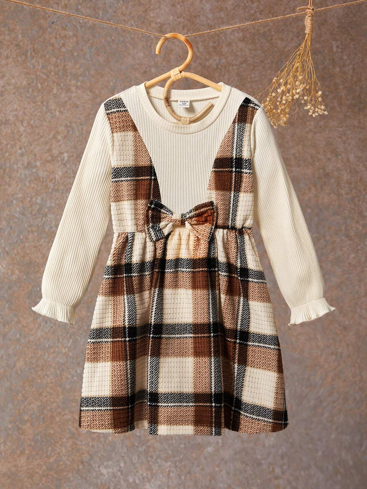Girls Vintage Style Plaid Round Collar Bowknot Waist Midi A-Line Dress, Spring Autumn