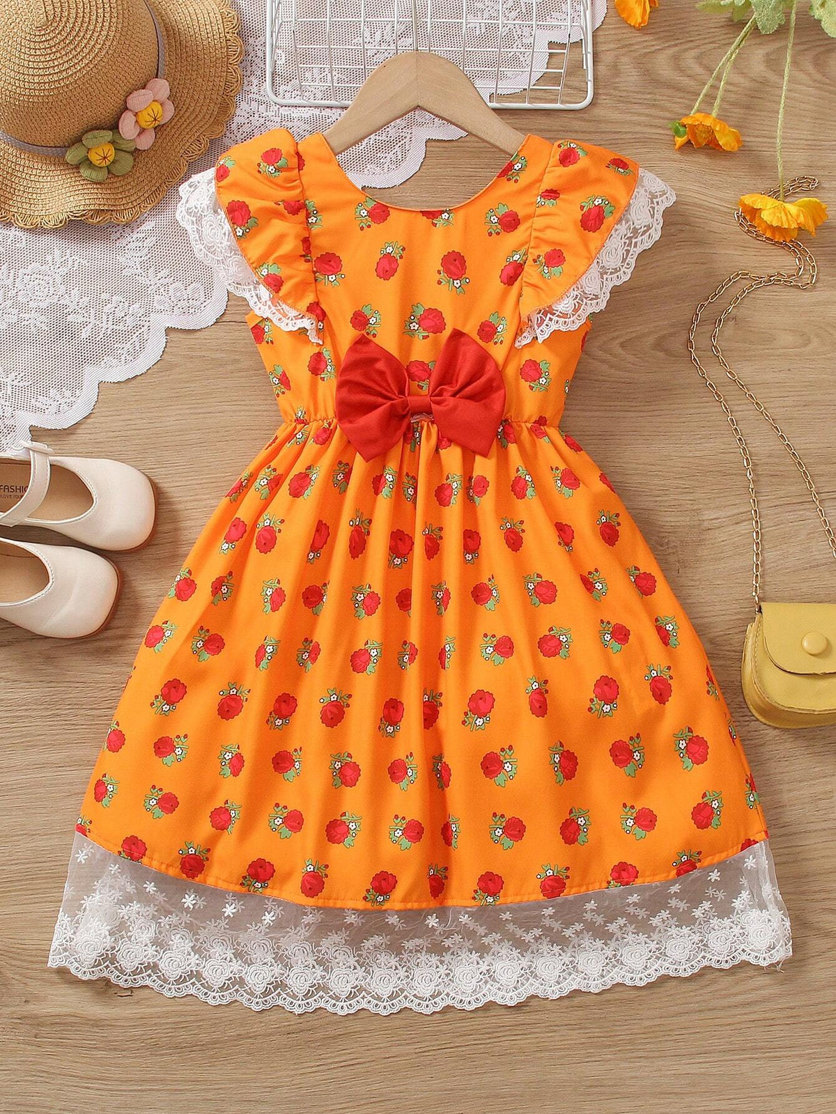 Girls' Warm Vacation Puff Sleeve Loose Dress With Woven Embroidered Flowers Collar, Spring/Summer