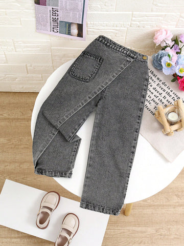 Girls Washed Blue Loose Straight-Leg Jeans, Front Wrap Scarf Dual Placket Design, Casual & Fashionable For Everyday Wear