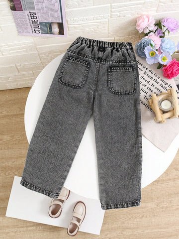 Girls Washed Blue Loose Straight-Leg Jeans, Front Wrap Scarf Dual Placket Design, Casual & Fashionable For Everyday Wear