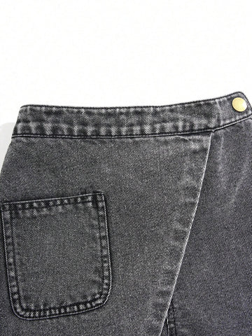 Girls Washed Blue Loose Straight-Leg Jeans, Front Wrap Scarf Dual Placket Design, Casual & Fashionable For Everyday Wear