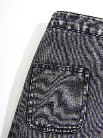 Girls Washed Blue Loose Straight-Leg Jeans, Front Wrap Scarf Dual Placket Design, Casual & Fashionable For Everyday Wear