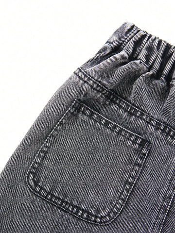 Girls Washed Blue Loose Straight-Leg Jeans, Front Wrap Scarf Dual Placket Design, Casual & Fashionable For Everyday Wear