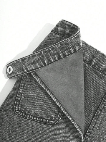 Girls Washed Blue Loose Straight-Leg Jeans, Front Wrap Scarf Dual Placket Design, Casual & Fashionable For Everyday Wear