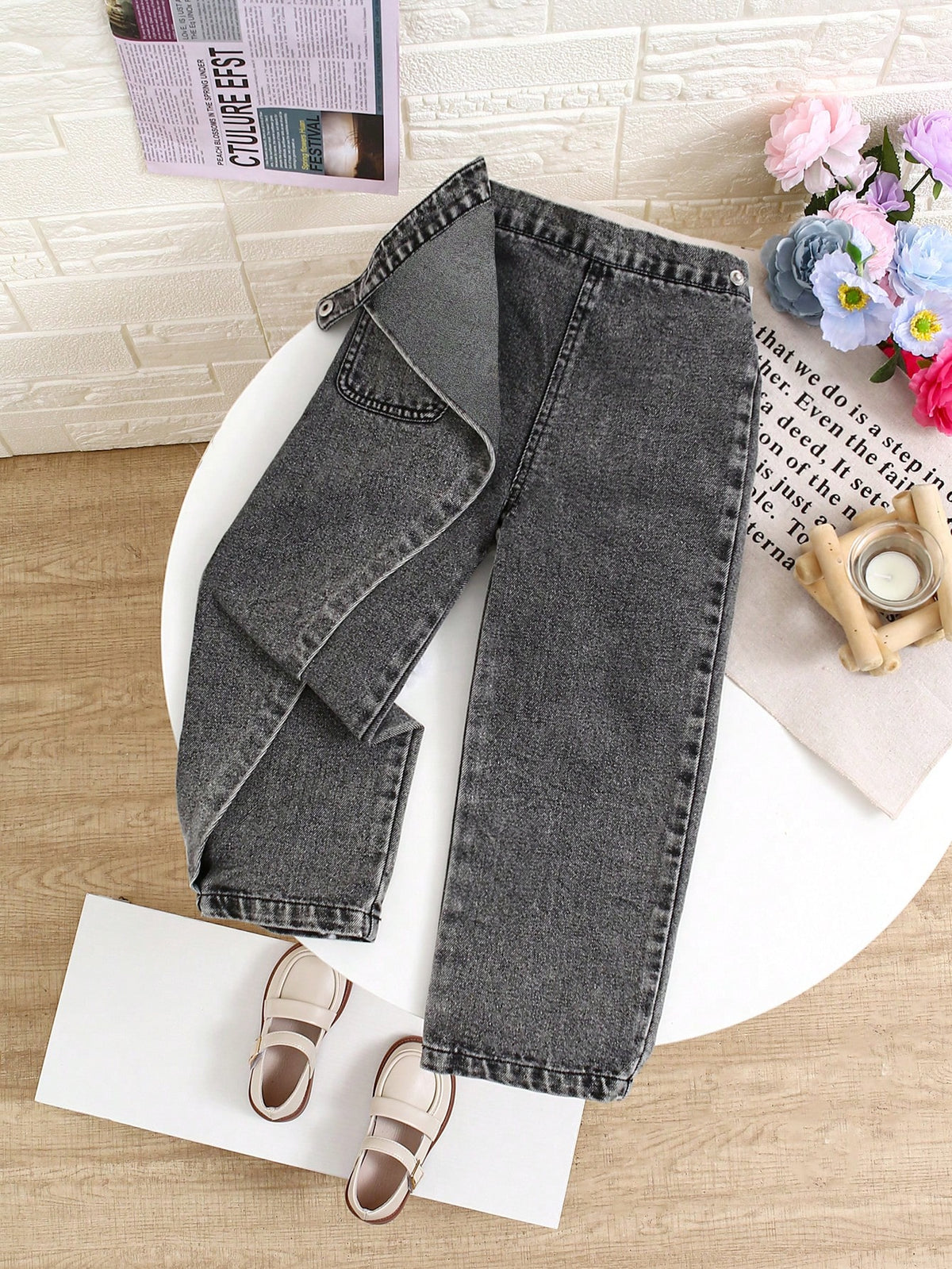 Girls Washed Blue Loose Straight-Leg Jeans, Front Wrap Scarf Dual Placket Design, Casual & Fashionable For Everyday Wear