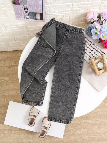 Girls Washed Blue Loose Straight-Leg Jeans, Front Wrap Scarf Dual Placket Design, Casual & Fashionable For Everyday Wear