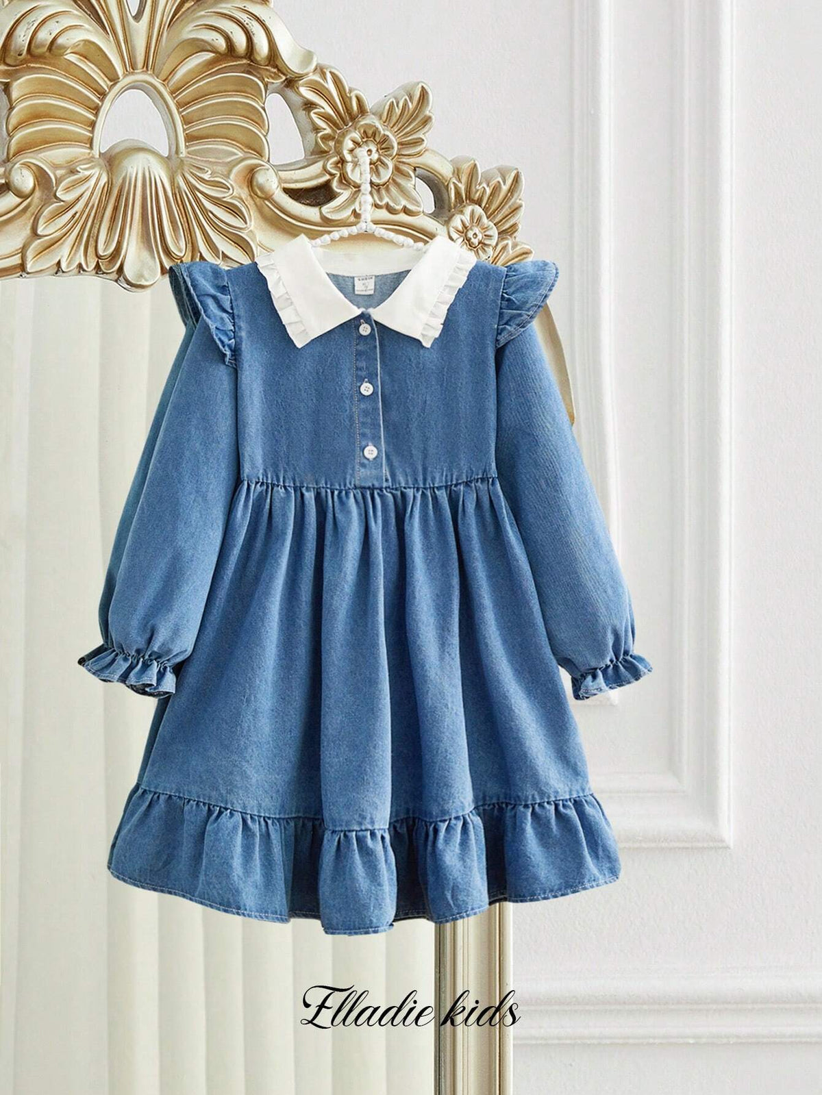 Girls Washed Denim Blue Dress With Contrast Collar, Elegant Style For Outings & Parties, Suitable For Spring & Autumn