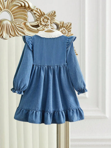 Girls Washed Denim Blue Dress With Contrast Collar, Elegant Style For Outings & Parties, Suitable For Spring & Autumn