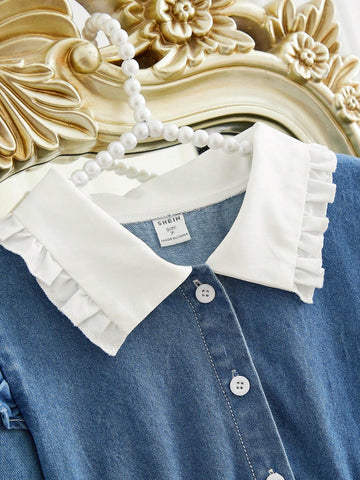 Girls Washed Denim Blue Dress With Contrast Collar, Elegant Style For Outings & Parties, Suitable For Spring & Autumn
